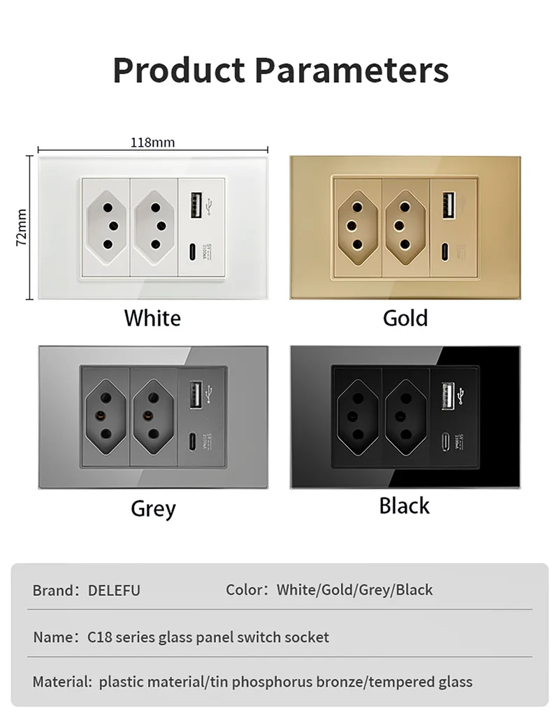 DELEFU Brazil Standard 10A 20A Gold Fireproof PC Panel Dual USB Type C Home Wall Light Switch Safe Power Socket