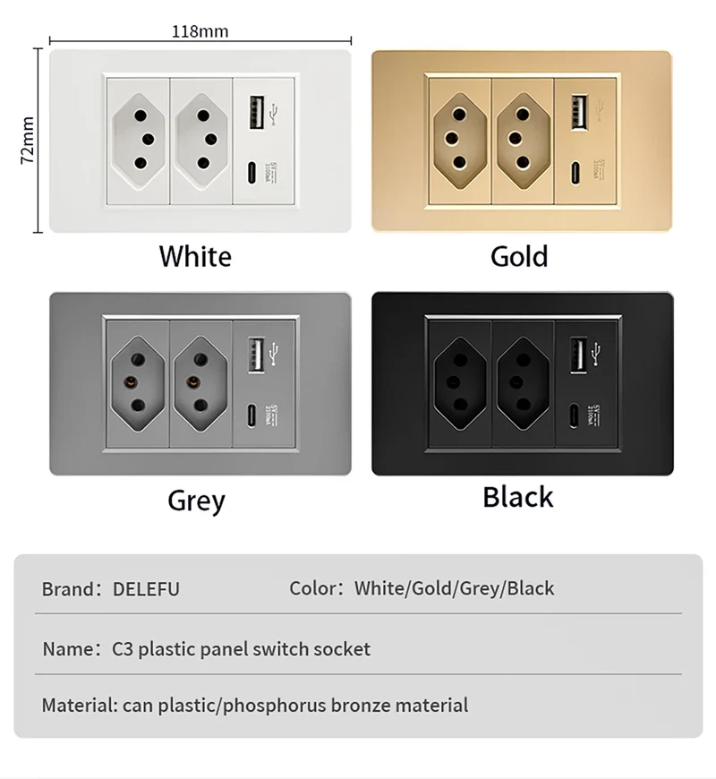 DELEFU Brazil Standard 10A 20A Gold Fireproof PC Panel Dual USB Type C Home Wall Light Switch Safe Power Socket