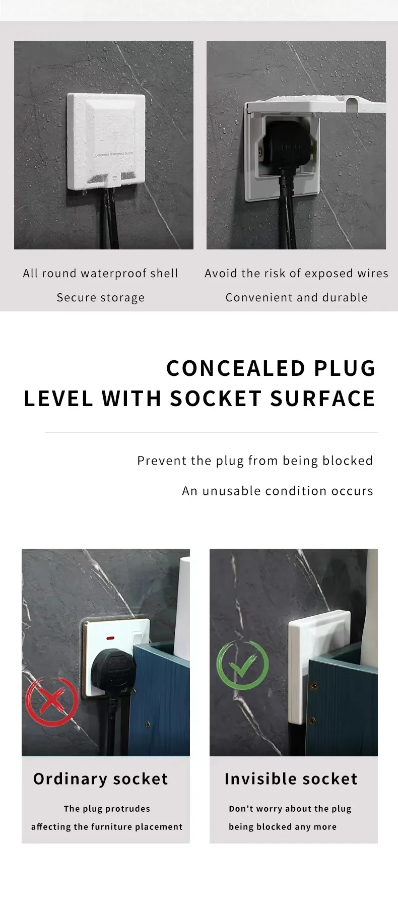UK Plug 13A Recessed Bathroom Socket Panel with Hidden Waterproof Plug and Built-in Type 86 Kitchen Invisible 220V Socket