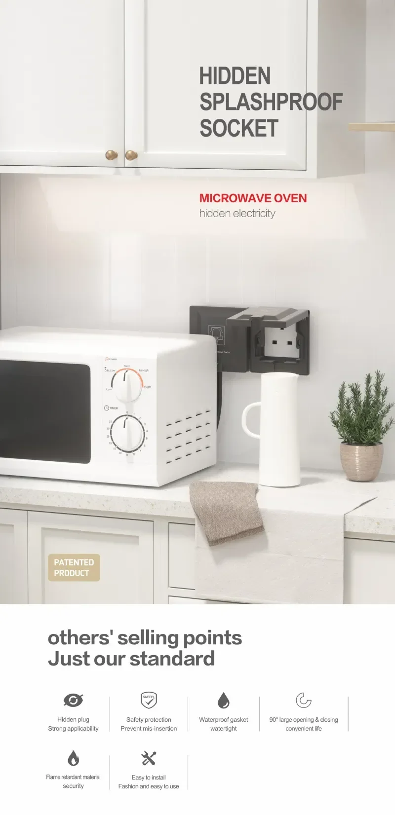 UK Plug 13A Recessed Bathroom Socket Panel with Hidden Waterproof Plug and Built-in Type 86 Kitchen Invisible 220V Socket