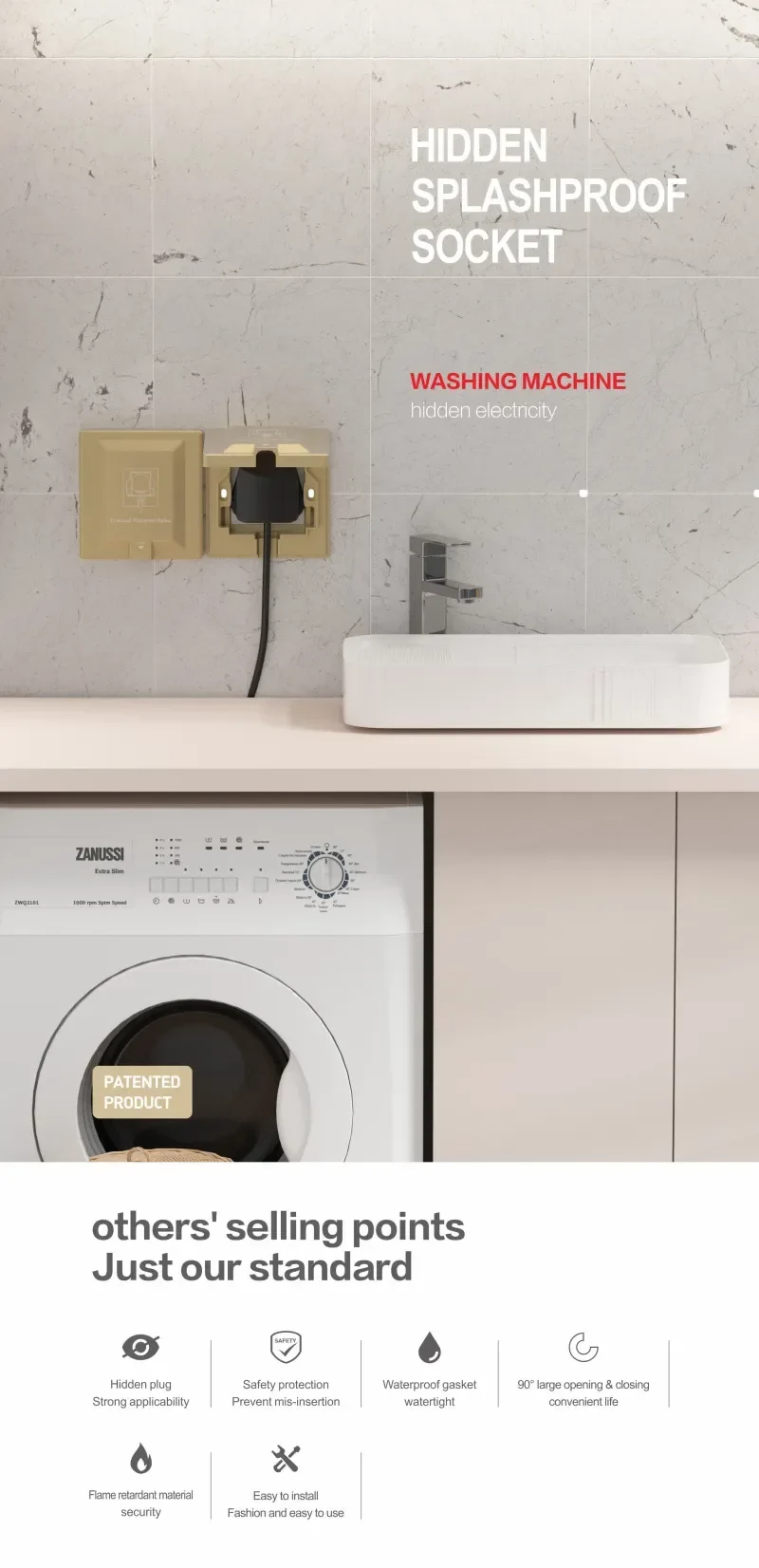 UK Plug 13A Recessed Bathroom Socket Panel with Hidden Waterproof Plug and Built-in Type 86 Kitchen Invisible 220V Socket
