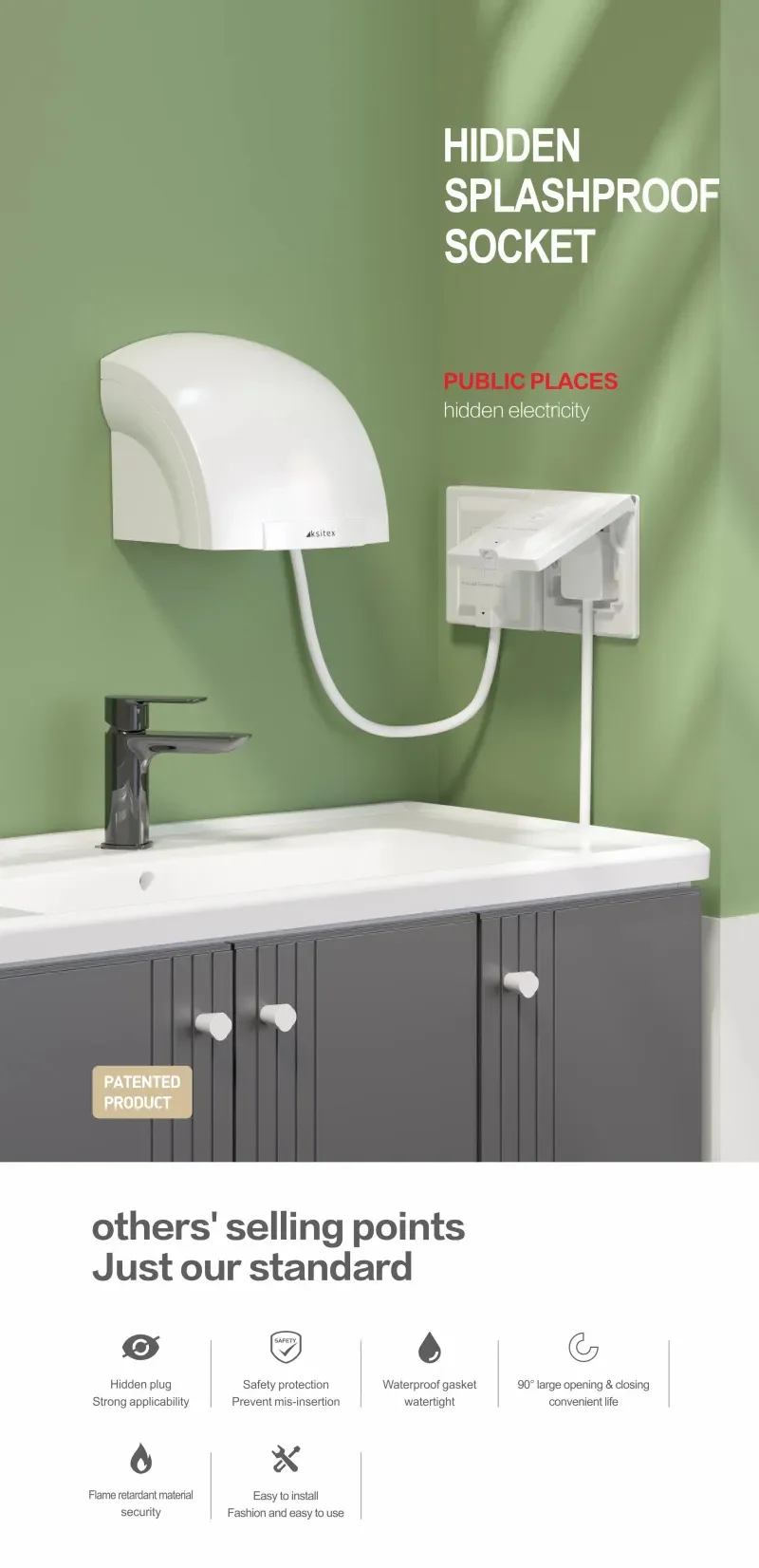 UK Plug 13A Recessed Bathroom Socket Panel with Hidden Waterproof Plug and Built-in Type 86 Kitchen Invisible 220V Socket