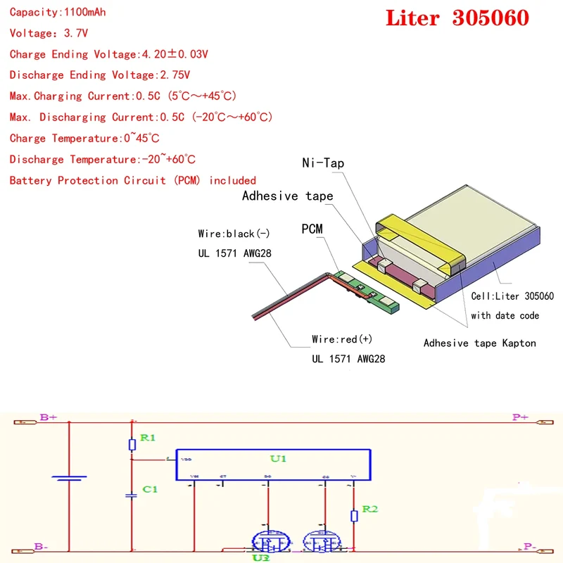 High Quality 305060 1100mah 3.7v Rechargeable Lithium-ion Battery