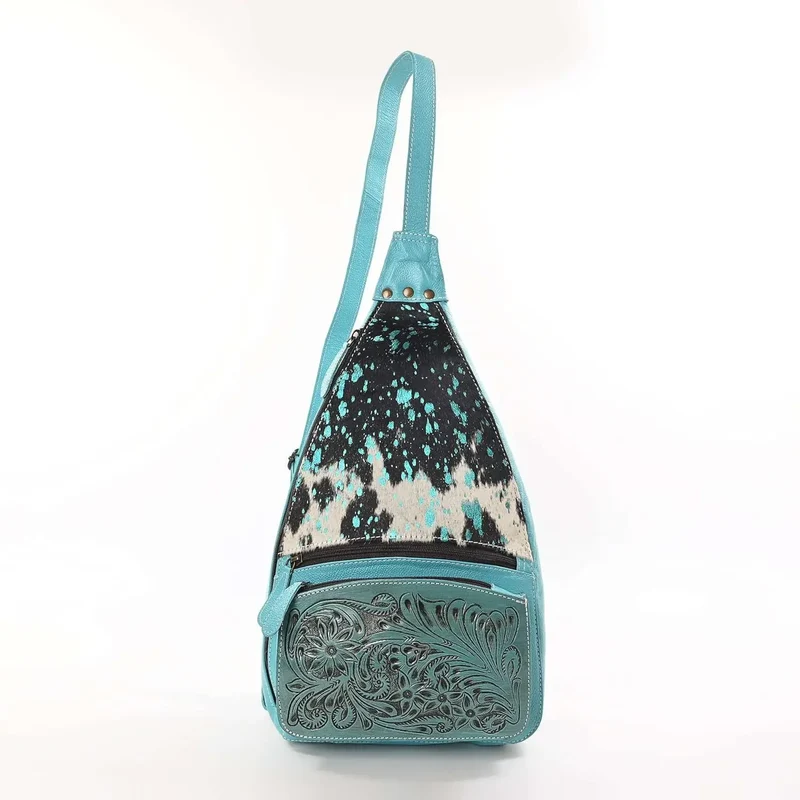 Unisex Cowhide Hair On Leather Sling Backpack Hand Tooled Western Crossbody Arm Bag