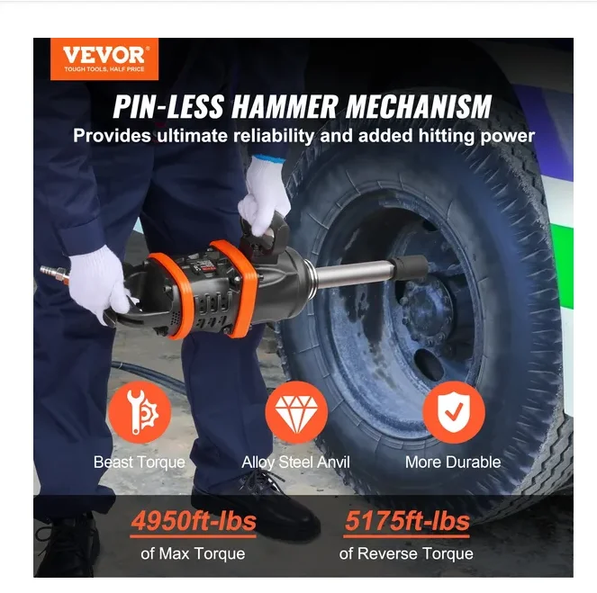 VEVOR 1 Inch Air Impact Wrench, up to 5175 Ft-lbs Beast Reverse Torque Output Pneumatic Impact Gun W/ 8 Inch Extended Anvil