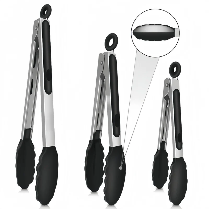 Cross-Border Black Silicone Clips, High Temperature Resistant Kitchen Food Frying Stainless Steel Fried Steak Clips, Special Food Clips for Cooking