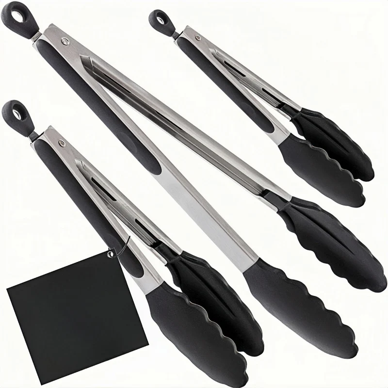 Cross-Border Black Silicone Clips, High Temperature Resistant Kitchen Food Frying Stainless Steel Fried Steak Clips, Special Food Clips for Cooking