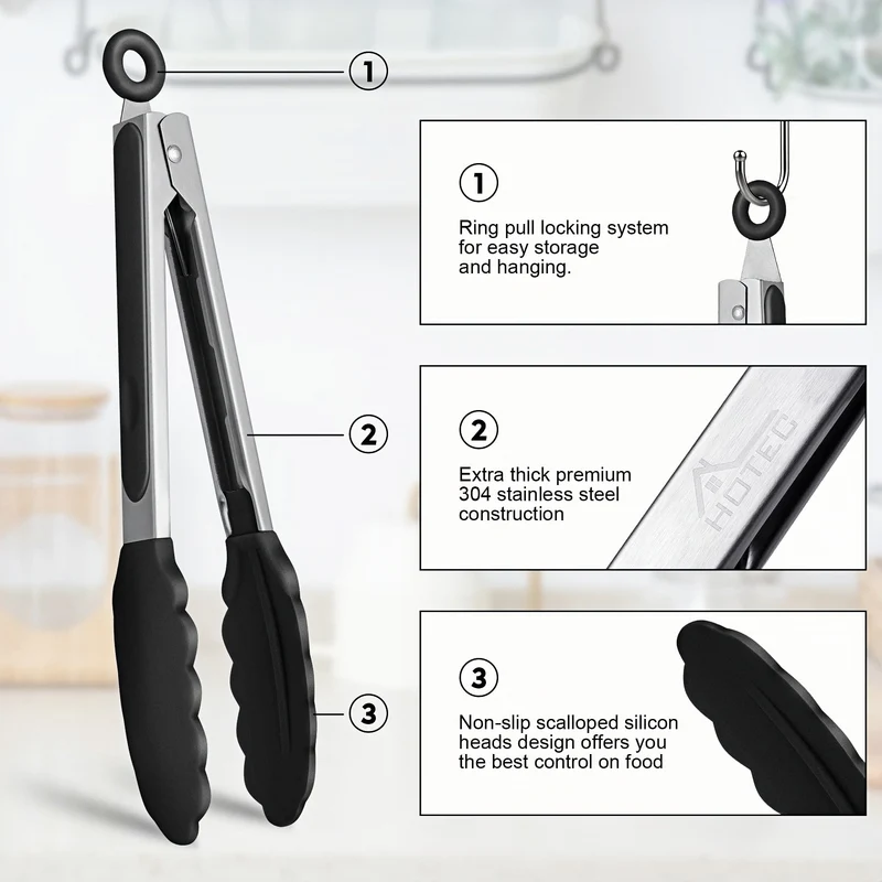 Cross-Border Black Silicone Clips, High Temperature Resistant Kitchen Food Frying Stainless Steel Fried Steak Clips, Special Food Clips for Cooking