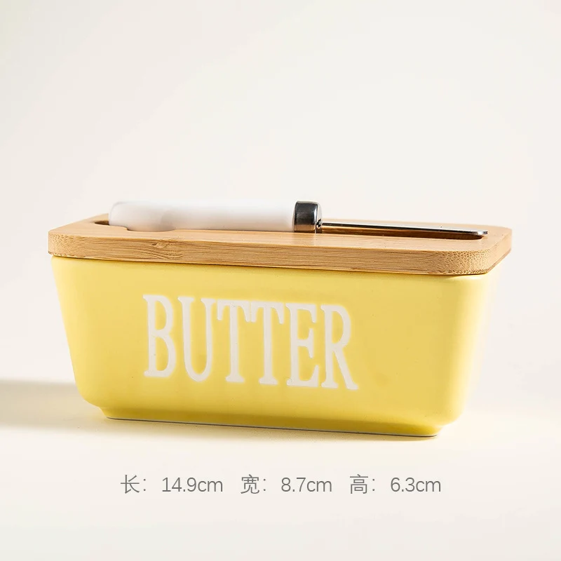 Ceramic Butter Box Rectangular Butter Sealing Box Cuttable Refrigerated Refrigerator Cheese Storage Box with Wooden Lid Butter Dish