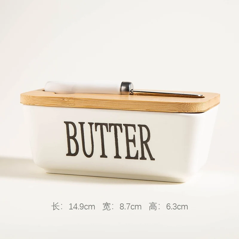 Ceramic Butter Box Rectangular Butter Sealing Box Cuttable Refrigerated Refrigerator Cheese Storage Box with Wooden Lid Butter Dish