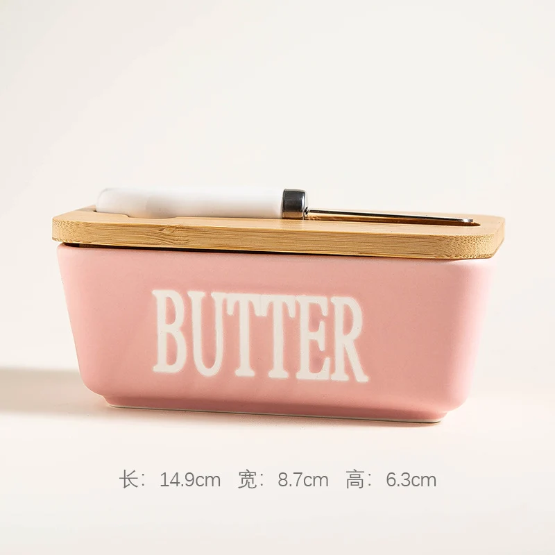 Ceramic Butter Box Rectangular Butter Sealing Box Cuttable Refrigerated Refrigerator Cheese Storage Box with Wooden Lid Butter Dish