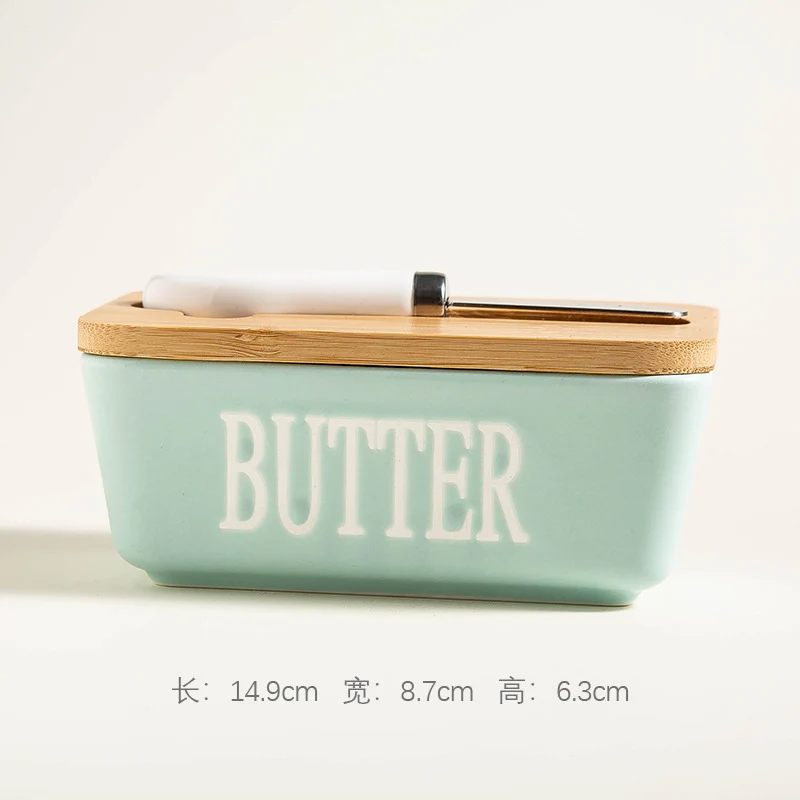 Ceramic Butter Box Rectangular Butter Sealing Box Cuttable Refrigerated Refrigerator Cheese Storage Box with Wooden Lid Butter Dish