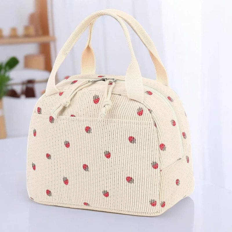Cross-Border New Product Corduroy Printed Portable Lunch Bag Large Capacity Travel Picnic Ice Bag Work Insulation Bag