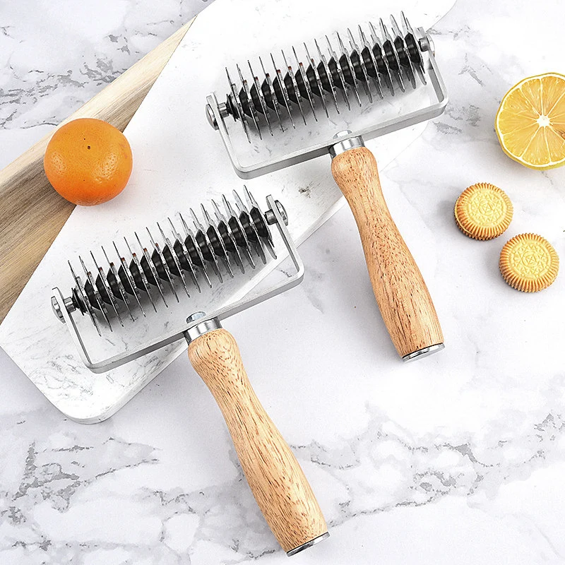 in stock Pizza Mesh Knife Pizza Tools Baking Tools Stainless Steel Wooden Handle Pizza Roller Knife Snack Hob