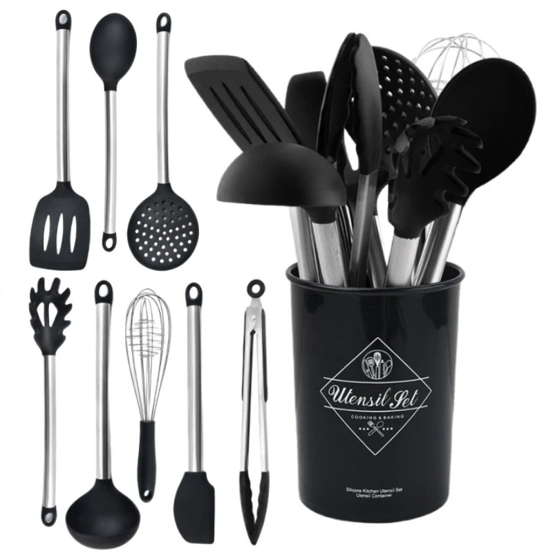 Silicone kitchenware suit 8-piece set stainless steel tube handle spatula baking scraper egg beater cooking hot pot spoon