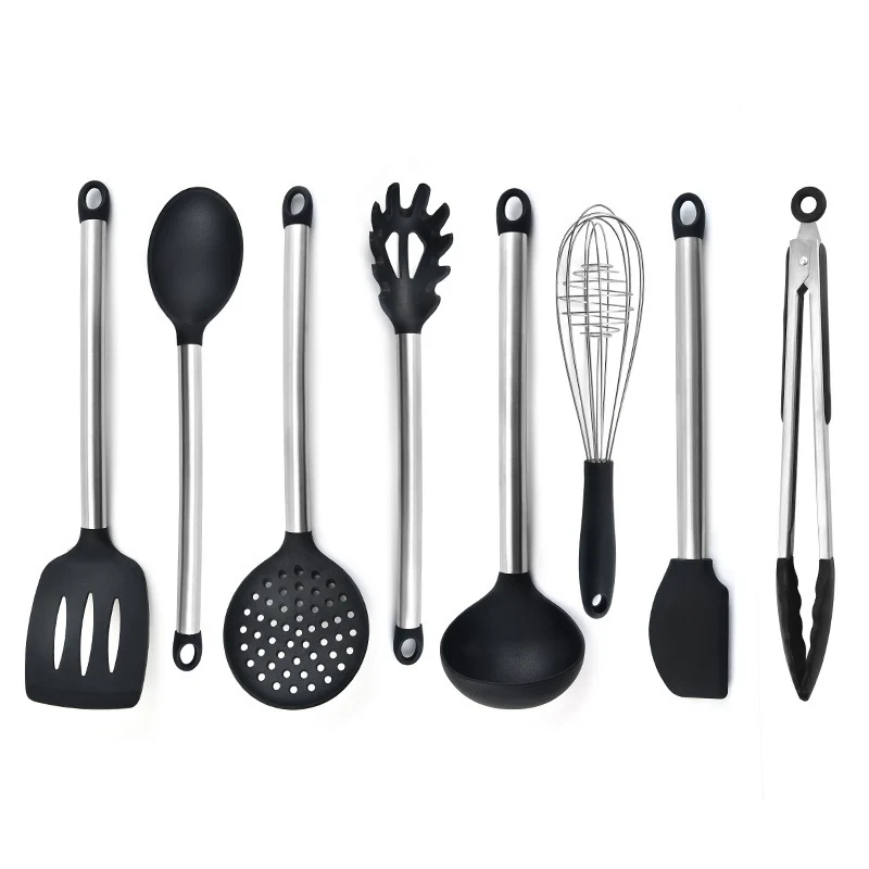 Silicone kitchenware suit 8-piece set stainless steel tube handle spatula baking scraper egg beater cooking hot pot spoon