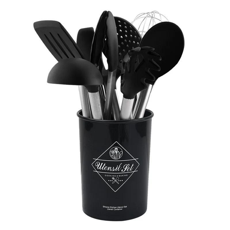 Silicone kitchenware suit 8-piece set stainless steel tube handle spatula baking scraper egg beater cooking hot pot spoon