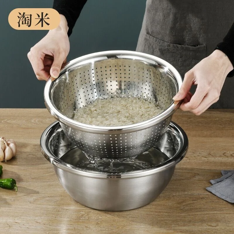 304 Stainless Steel Basin Drain Basket Vegetable Basket Household Rice Washing Sieve Thickeneded Cooking Basin and Basin Vegetable Basin Wholesale