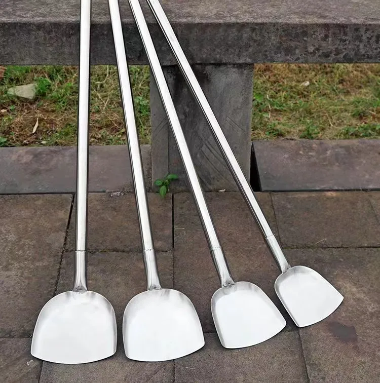 Stainless Steel Shovel Stir-frying Shovel Long Steel Handle Sketch Iron Shovel Kitchenware Hotel Large Sketch Thickened Stainless Steel Sketch