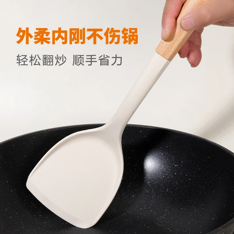 Wooden Handle Silicone Kitchen Utensil Set, Non-Stick Pan, Silicone Spatula, Soup Spoon, High Temperature Resistant Silicone Cooking Spatula, Daily Kitchen Utensils