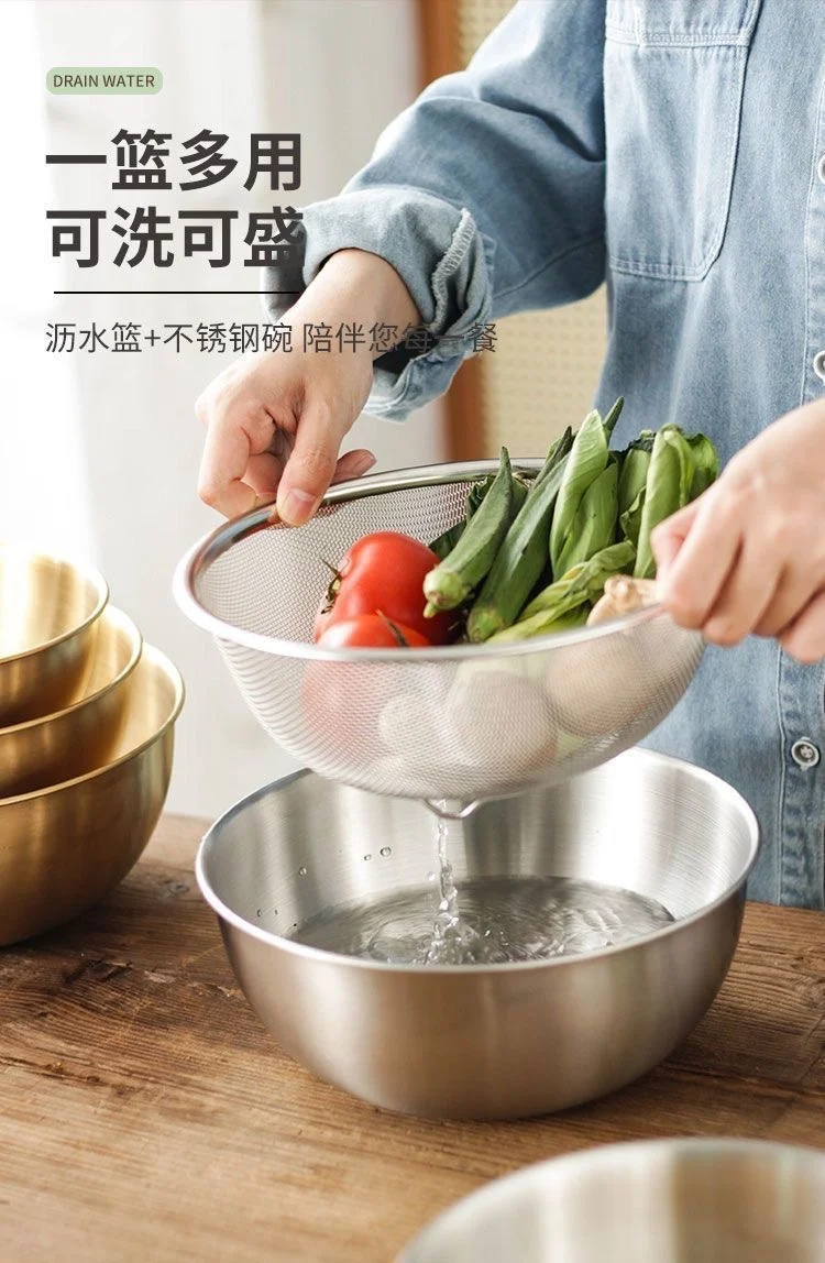 Cross-border Stainless Steel Thickened Vegetable Washing Basin Draining Basket Household Kitchen Rice Washing Artifact Vegetable Washing Basin Rice Washing Sieve Rice Washing Basin