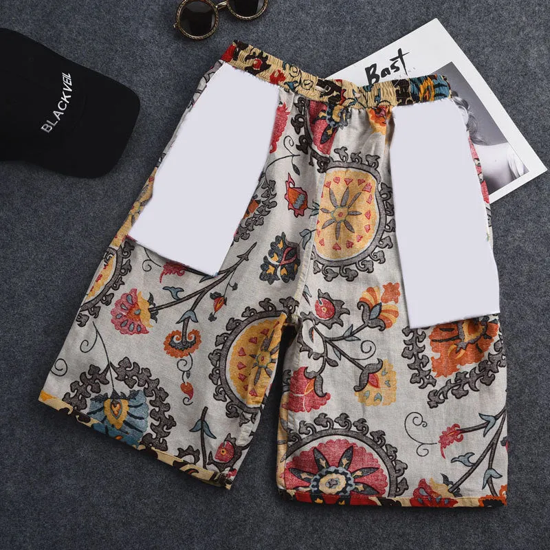 Summer new cotton and linen printed five-point men's beach pants casual sports loose plus size shorts men's thin fashion