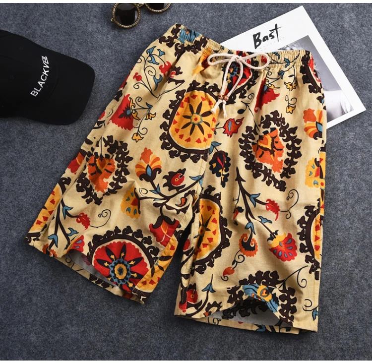 Summer new cotton and linen printed five-point men's beach pants casual sports loose plus size shorts men's thin fashion