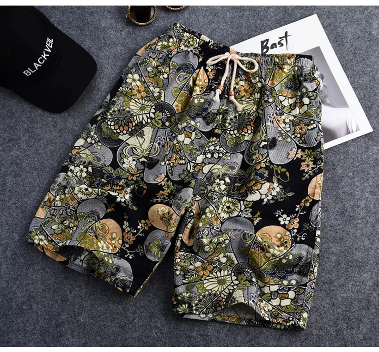 Summer new cotton and linen printed five-point men's beach pants casual sports loose plus size shorts men's thin fashion