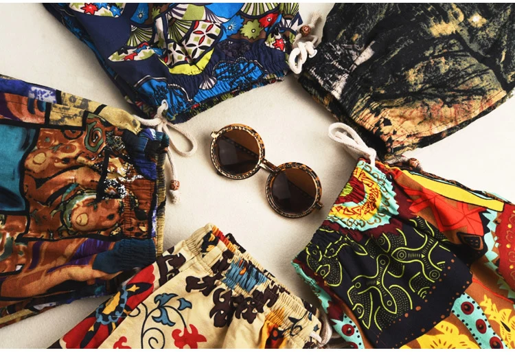 Summer new cotton and linen printed five-point men's beach pants casual sports loose plus size shorts men's thin fashion