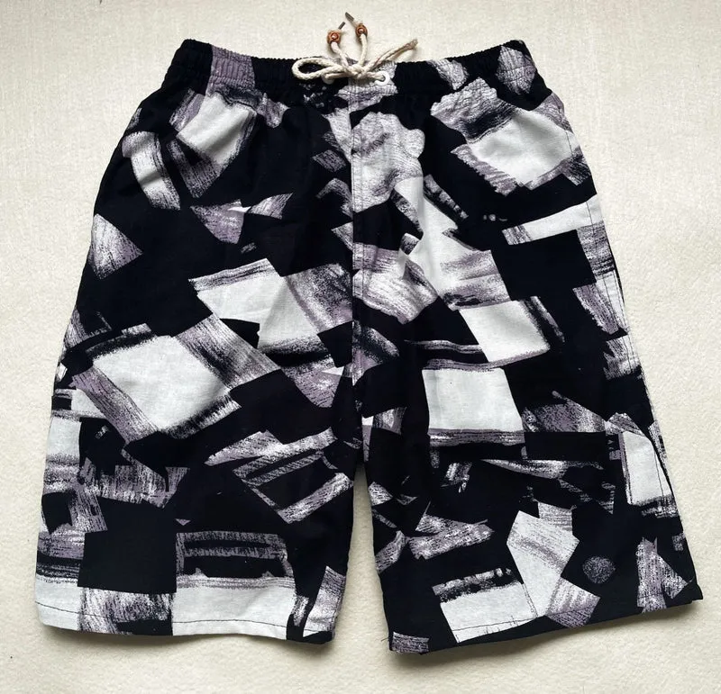 Summer new cotton and linen printed five-point men's beach pants casual sports loose plus size shorts men's thin fashion