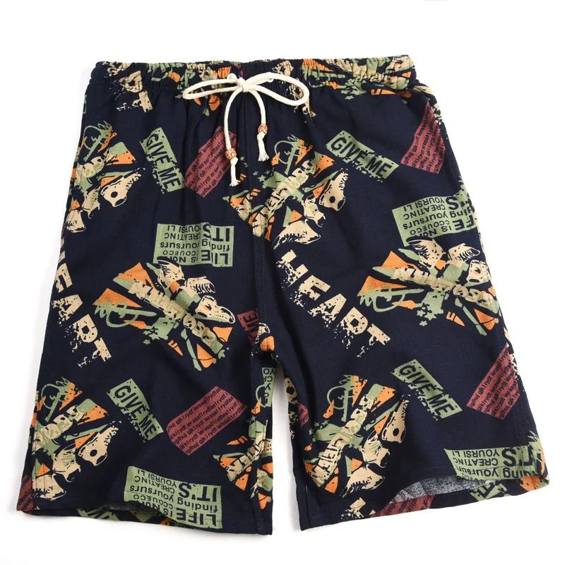 Summer new cotton and linen printed five-point men's beach pants casual sports loose plus size shorts men's thin fashion