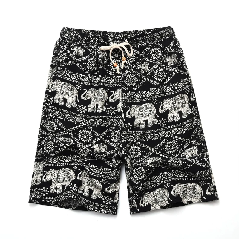Summer new cotton and linen printed five-point men's beach pants casual sports loose plus size shorts men's thin fashion