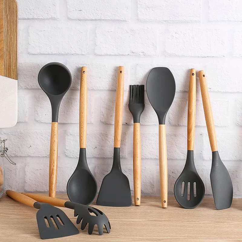 Wholesale Wooden Handle Silicone Kitchenware 12 Pieces suit Household Non-Stick Cooking High Temperature Resistant Cooking Silicone Spoon suit
