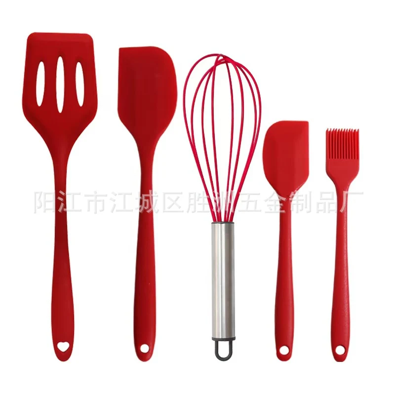 Cross-Border Kitchen Silicone Spatula Brush Egg Beater Silicone Kitchen Utensils 5-Piece Set Cooking Set Baking Tools