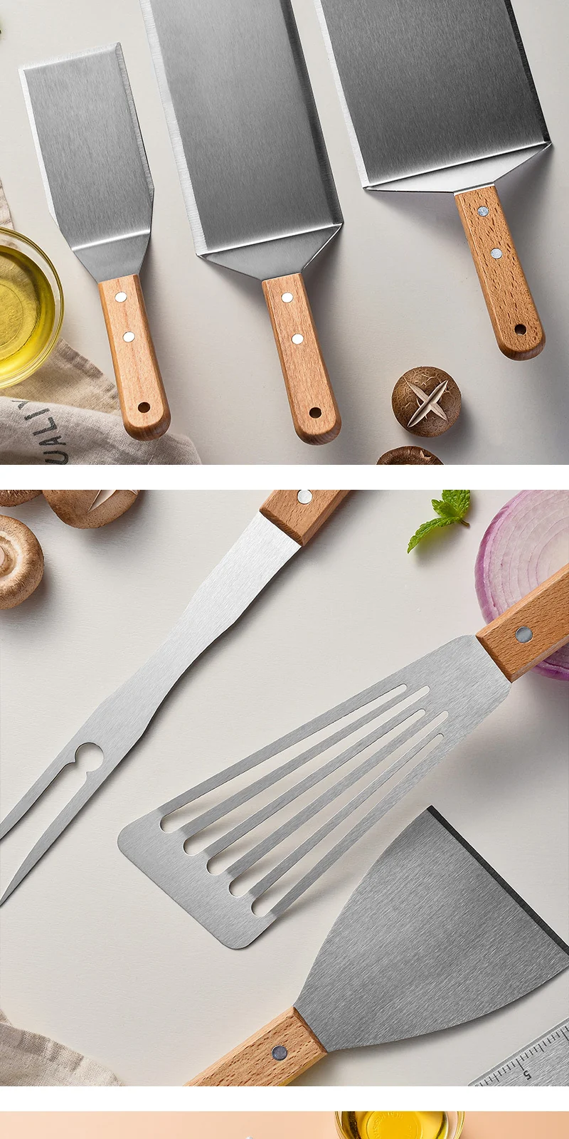 Wooden Handle Stainless Steel Spatula Korean Teppanyaki Cooking Spatula Steak Spatula Pancake Pizza Spatula Tool Set