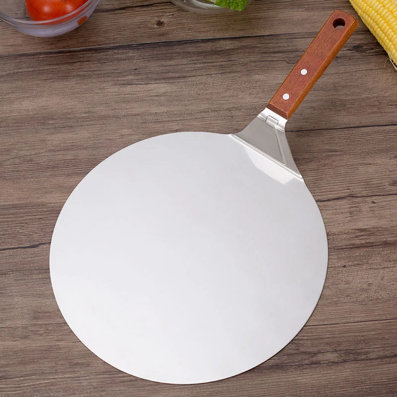 Stainless steel pizza shovel 10 inch wooden handle large round cake shovel mobile blade baking tool small 8 inch