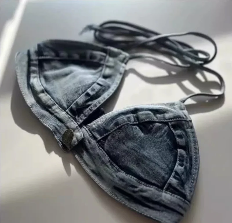 Pure Desire Style Swimsuit Women's Summer New European and American Denim Internet Celebrity Vacation Sexy Three-point Design Bikini Beach Women