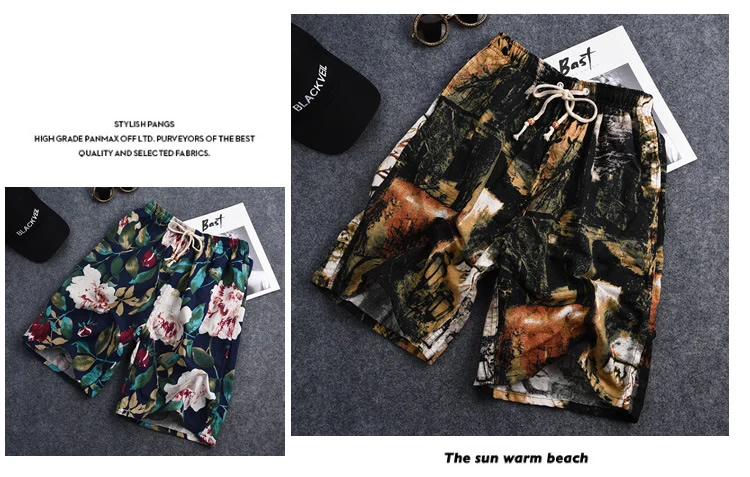 Summer new cotton and linen printed five-point men's beach pants casual sports loose plus size shorts men's thin fashion