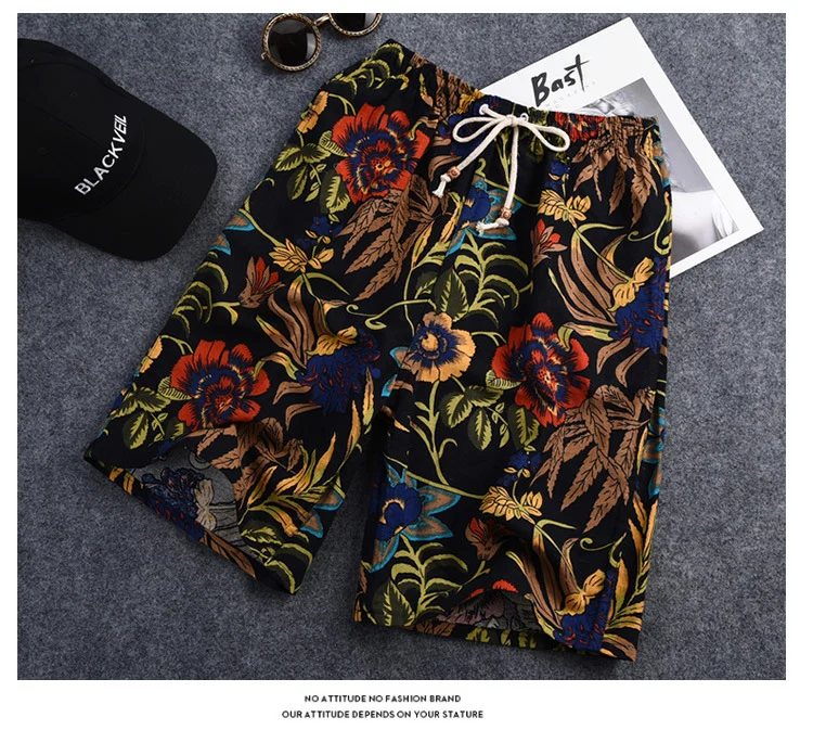 Summer new cotton and linen printed five-point men's beach pants casual sports loose plus size shorts men's thin fashion