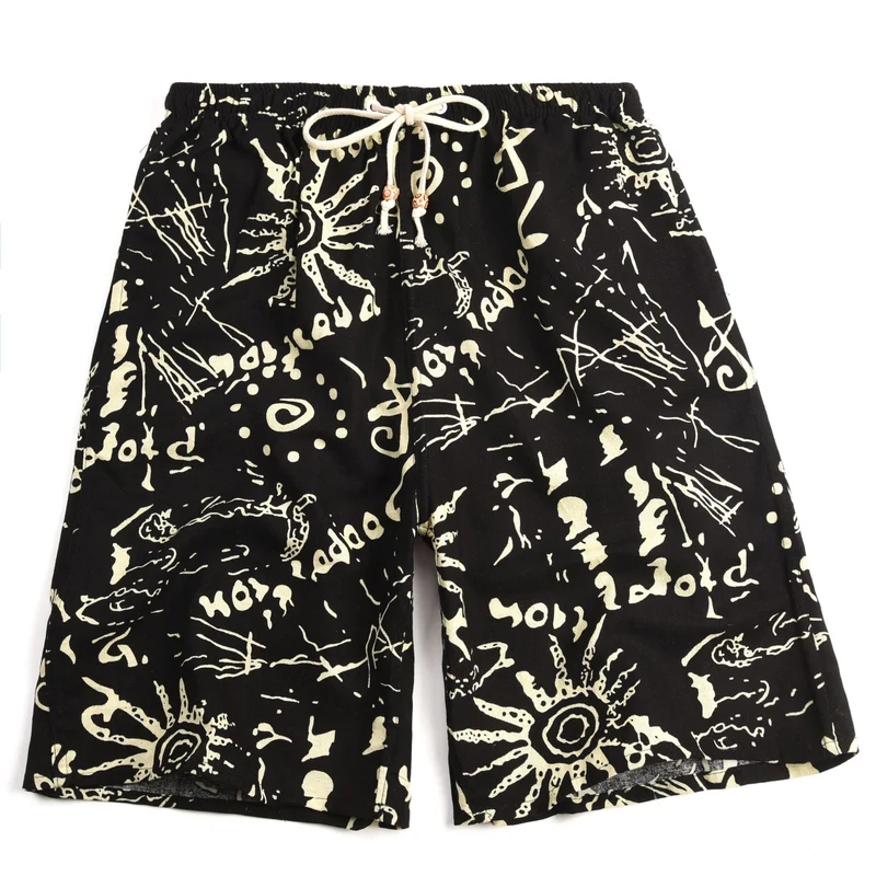 Summer new cotton and linen printed five-point men's beach pants casual sports loose plus size shorts men's thin fashion