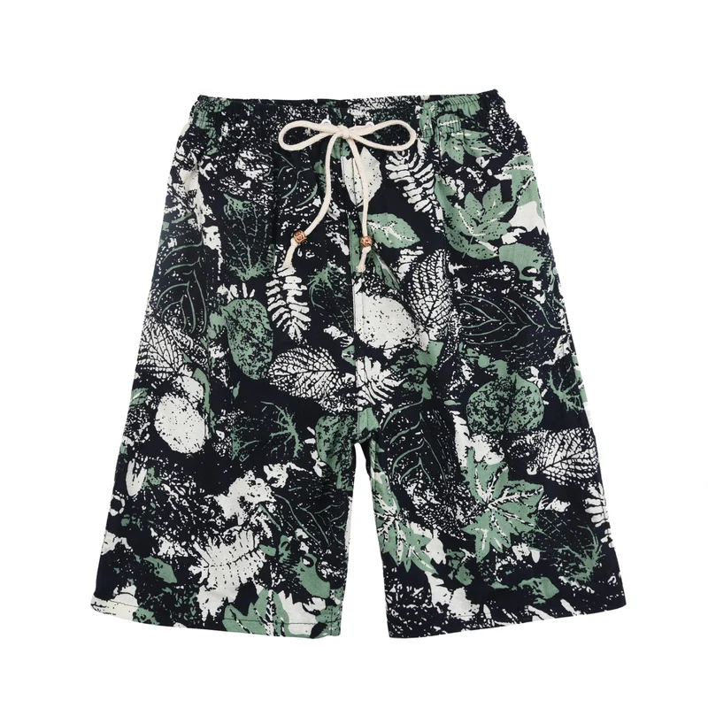 Summer new cotton and linen printed five-point men's beach pants casual sports loose plus size shorts men's thin fashion