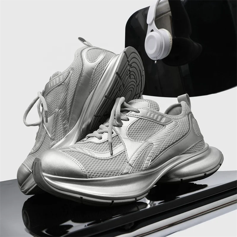 Dropshipping Custom Logo Fashion Sliver Color Sports Shoes Mens Designer Walking Style Chunky Platform Sneakers