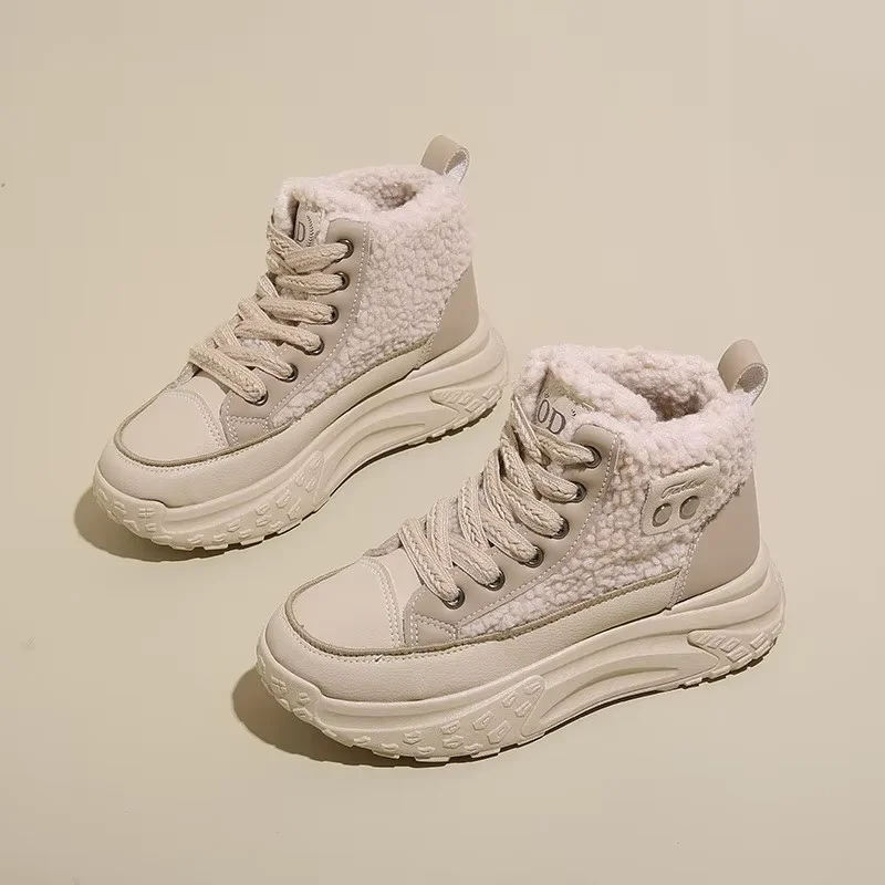 Winter Velvet High Top Shoes for Women Versatile Thickened Warm Cotton Shoes Thick Soled Height Increasing and Leisure Shoes