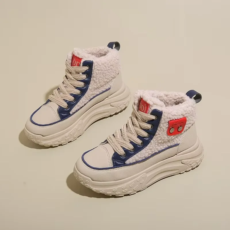 Winter Velvet High Top Shoes for Women Versatile Thickened Warm Cotton Shoes Thick Soled Height Increasing and Leisure Shoes