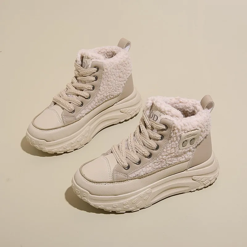 Winter Velvet High Top Shoes for Women Versatile Thickened Warm Cotton Shoes Thick Soled Height Increasing and Leisure Shoes
