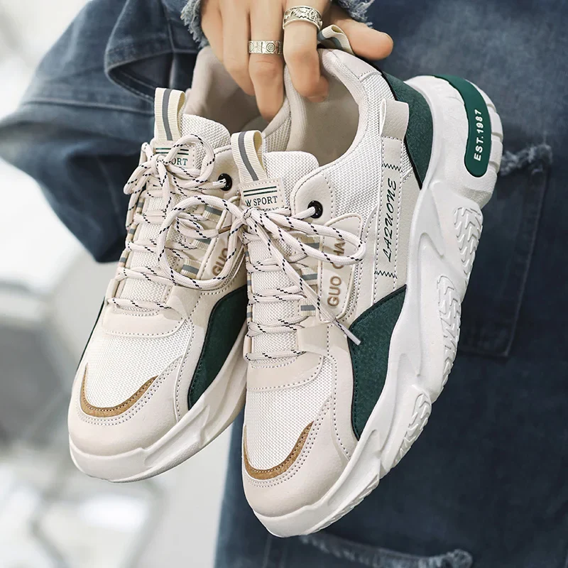 Men's Casual High-Top Sport Sneakers Microfiber Leather Upper Large Dad PU Rubber Sole Waterproof Breathable Mesh for Summer