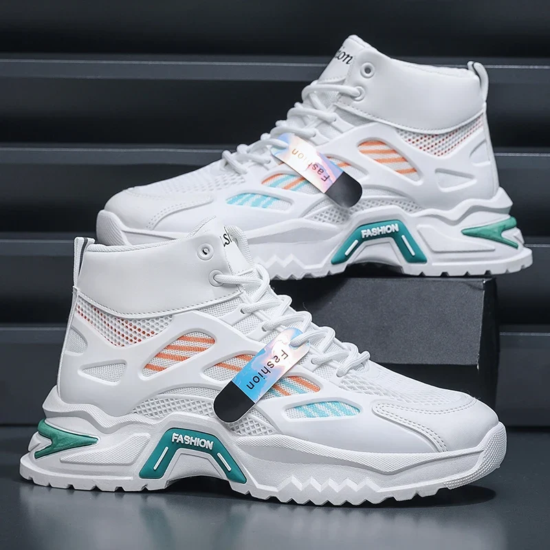Men's Casual High-Top Sneakers PU Mesh Breathable Upper with Large Dad Rubber Sole Anti-Slip Slip-Resistant Features Flexible