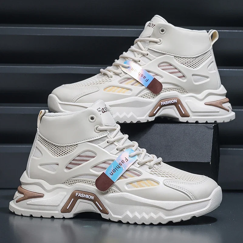 Men's Casual High-Top Sneakers PU Mesh Breathable Upper with Large Dad Rubber Sole Anti-Slip Slip-Resistant Features Flexible