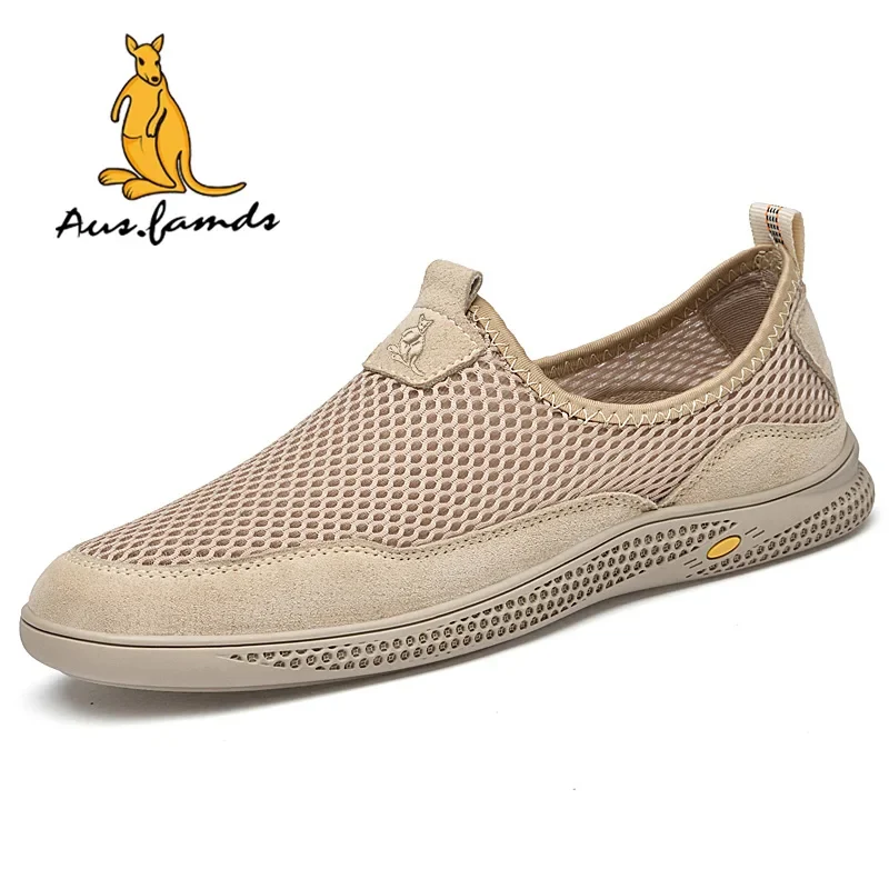 Lightweight Men's Kangaroo Logo Genuine Leather Casual Sport Slip-On Sandals Breathable Soft Fabric Summer Walking Style Shoes