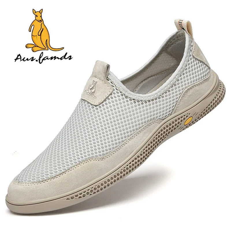 Lightweight Men's Kangaroo Logo Genuine Leather Casual Sport Slip-On Sandals Breathable Soft Fabric Summer Walking Style Shoes